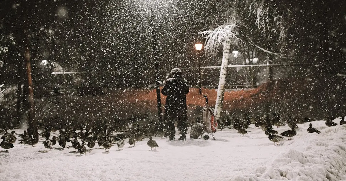 Чоловік на вулиці в темряві під снігом