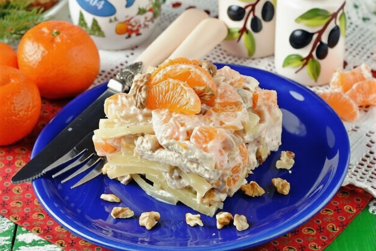 Салат з куркою, горіхами та мандаринами