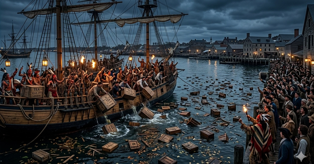 Бостонская бухта, с кораблей выбрасывают ящики с чаем в море.