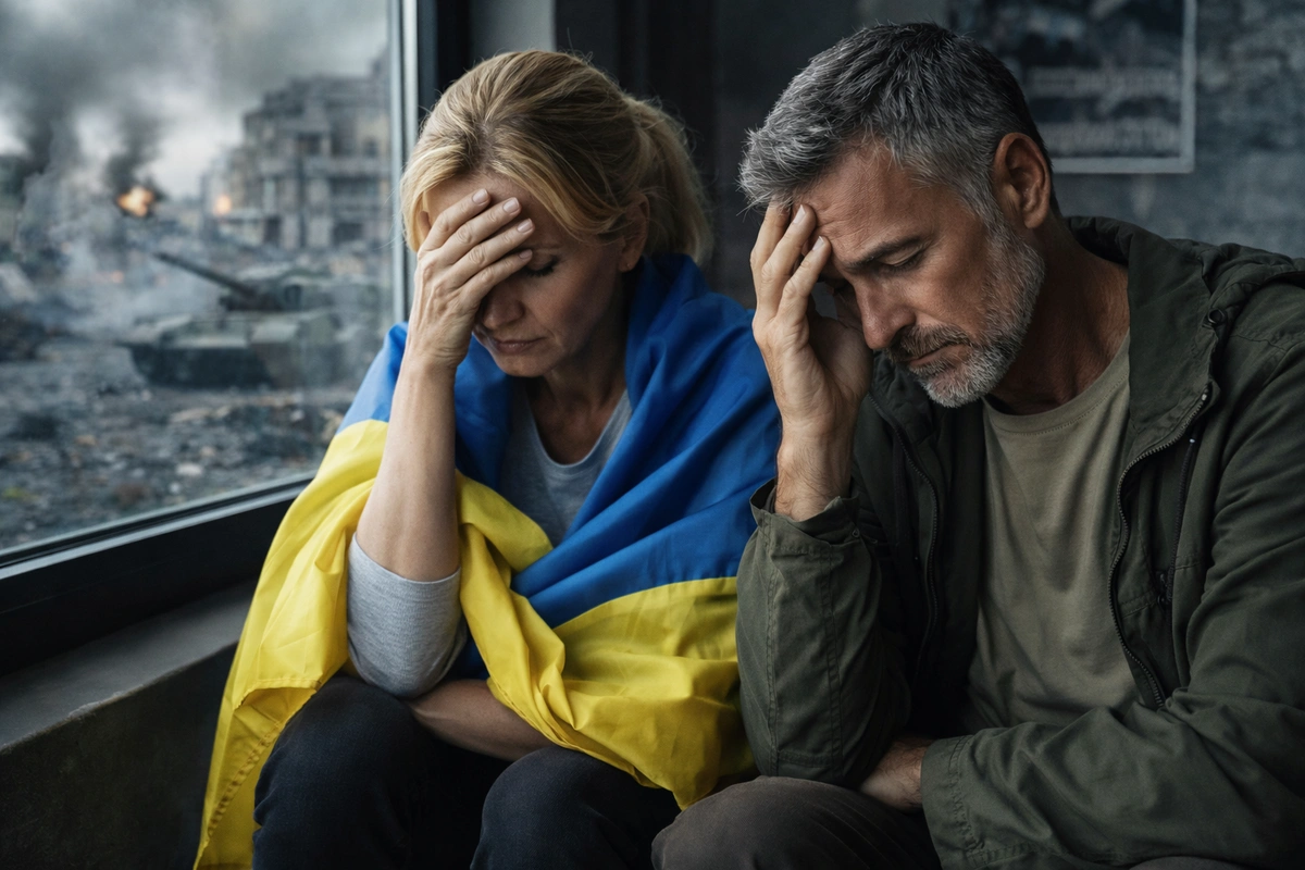 чоловік і жінка у депресії біля вікна з українським прапором