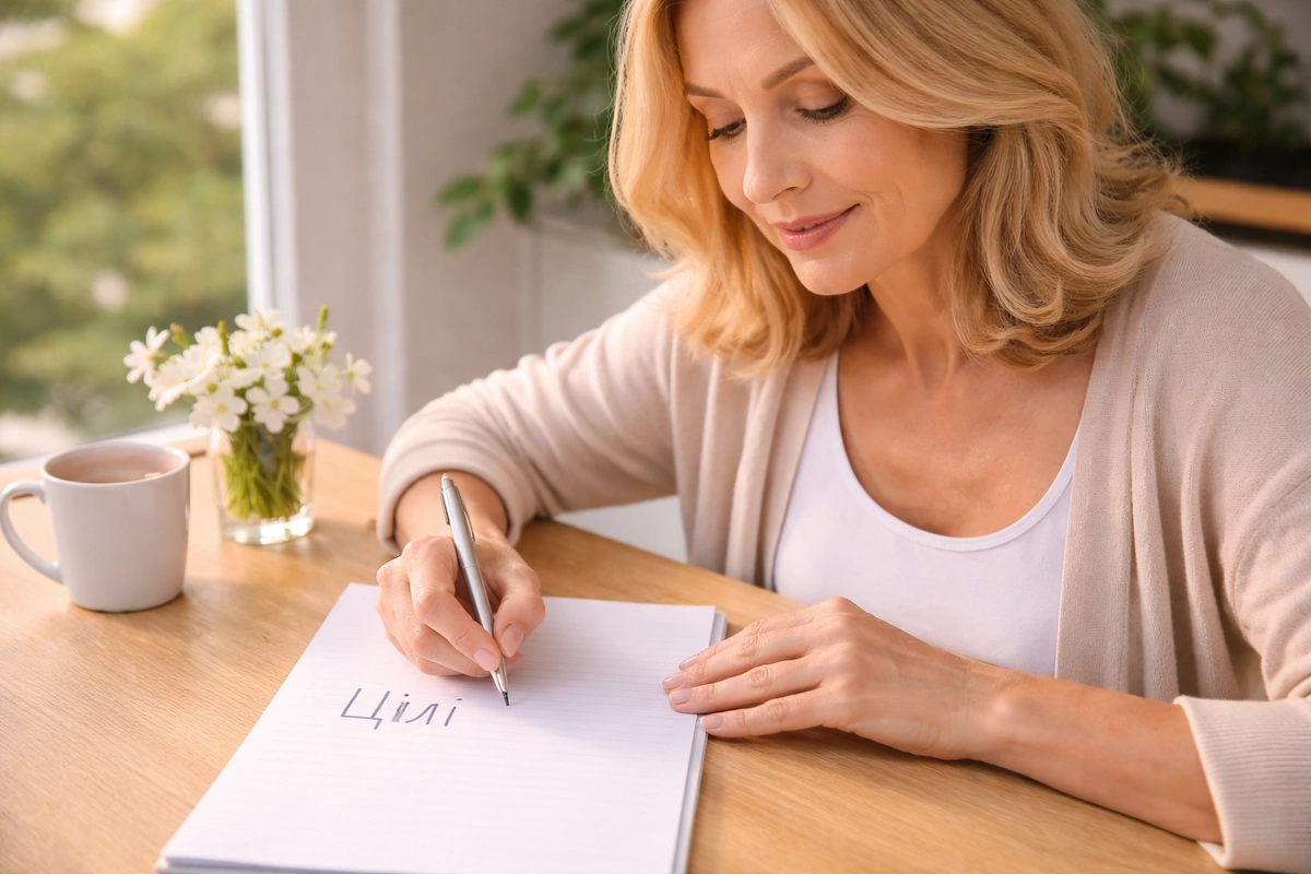 Женщина за столом пишет цели на весну