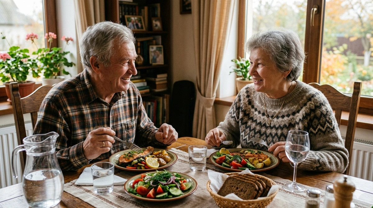 Чоловік і жінка їдять рибу і салат