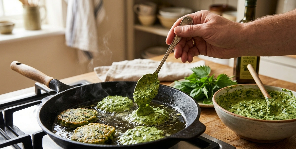 Зелені оладки з кропивою та шпинатом смажать на сковорідці