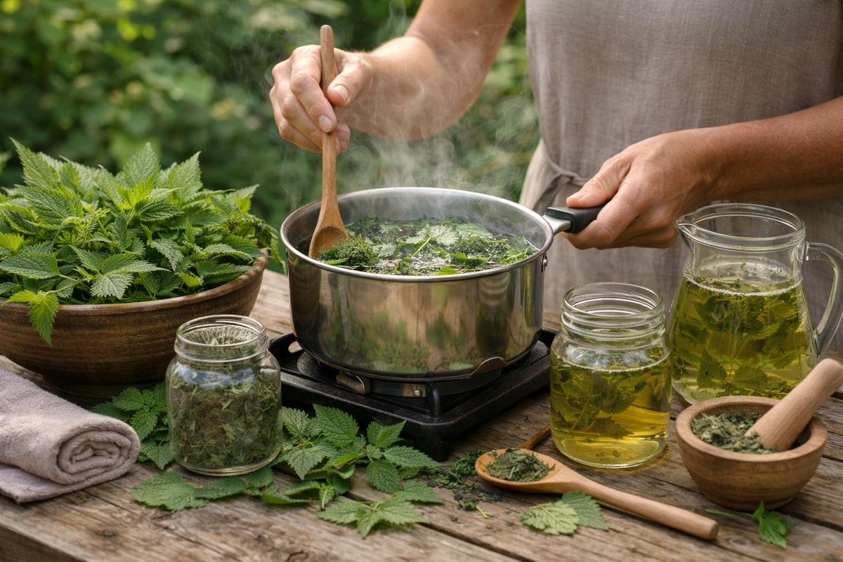жінка готує відвар з кропиви